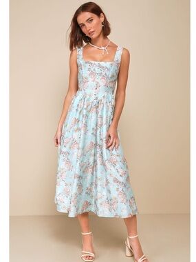 Lulus Darling Adoration Light Blue Floral Square-Neck Pockets Midi Dress NWT Med